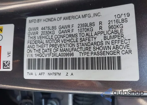 2020 Honda Accord Sport from USA, damaged, VIN 1HGCV1F3XLA009696